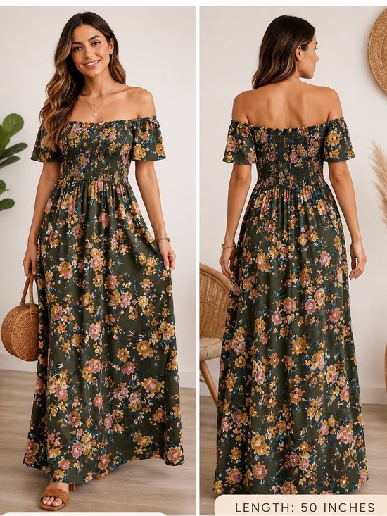 Xhilaration Dresses & Skirts - Xhilaration Olive Green One-Shoulder Floral Maxi Dress